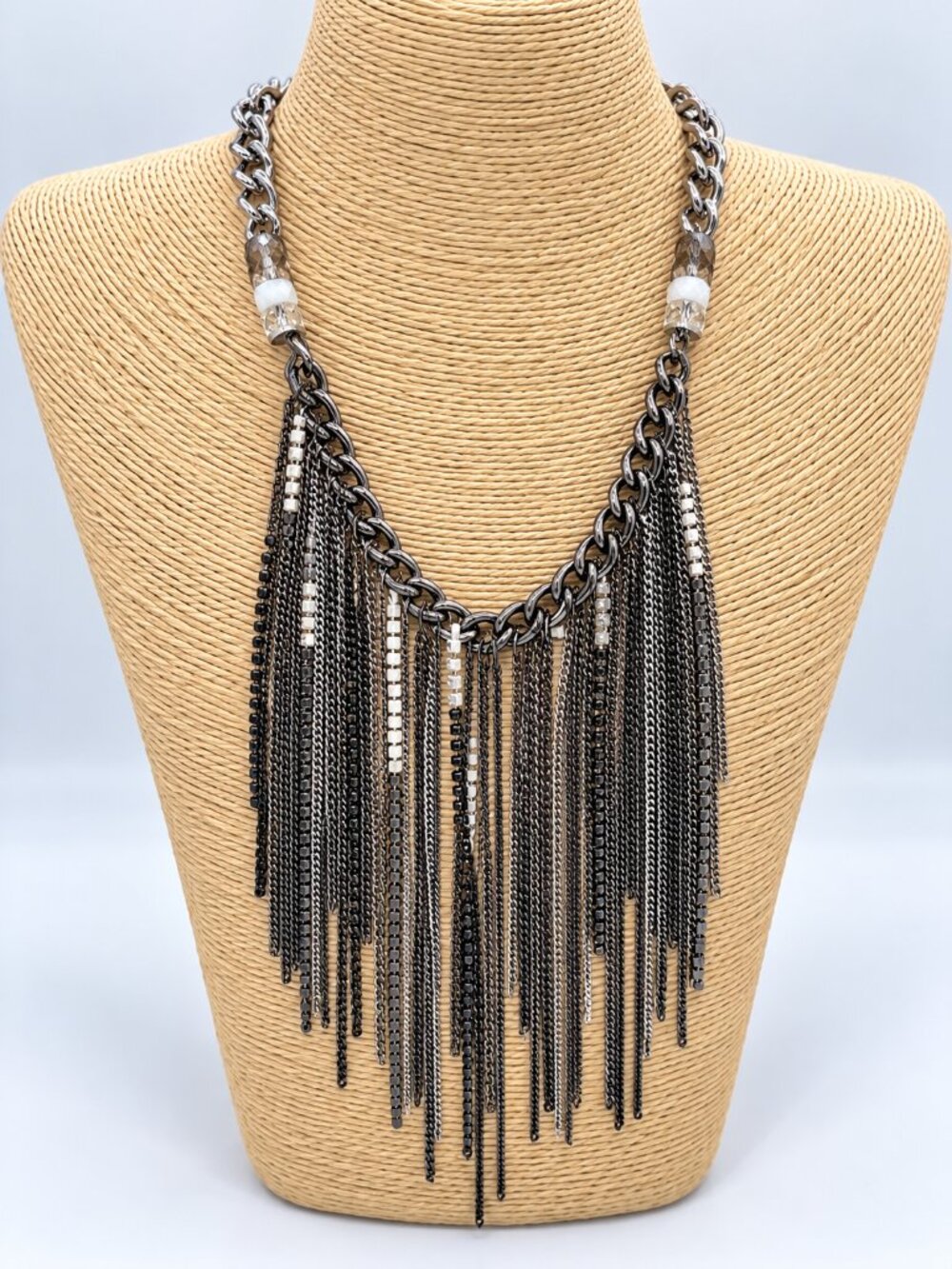 Dana Buchman Gunmetal Multi Chain Fringe Statement Necklace Beaded
